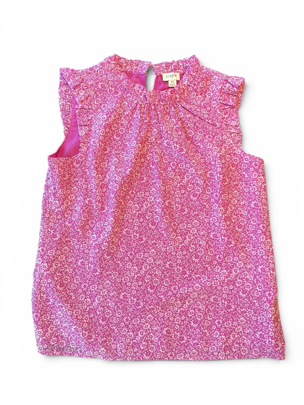 J. Crew Pink Floral Ruffle Neck Sleeveless Top